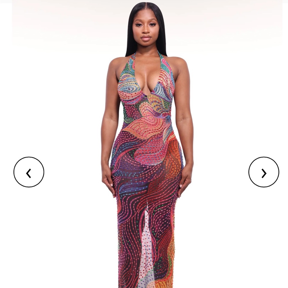 Backless Halter Maxi Dress in Multicolor Swirl Print